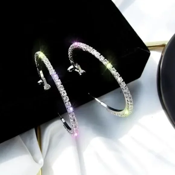 Large Full Rhinestone Hoop Earrings Silver - Picture 4 of 5